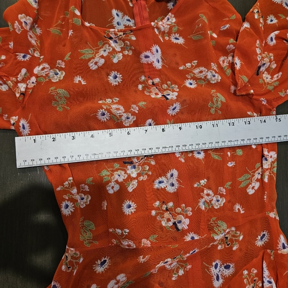 ASOS Crepe Sheer Peplum Ruffle Shoulder Dress Fully Lined Size 0 Red Floral 1518 - Picture 13 of 15